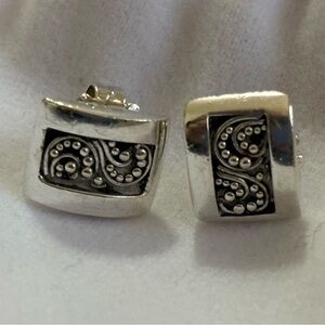 Lois Hill Silver Oxidized Scroll Motif Rectangular Stud Earrings Vintage